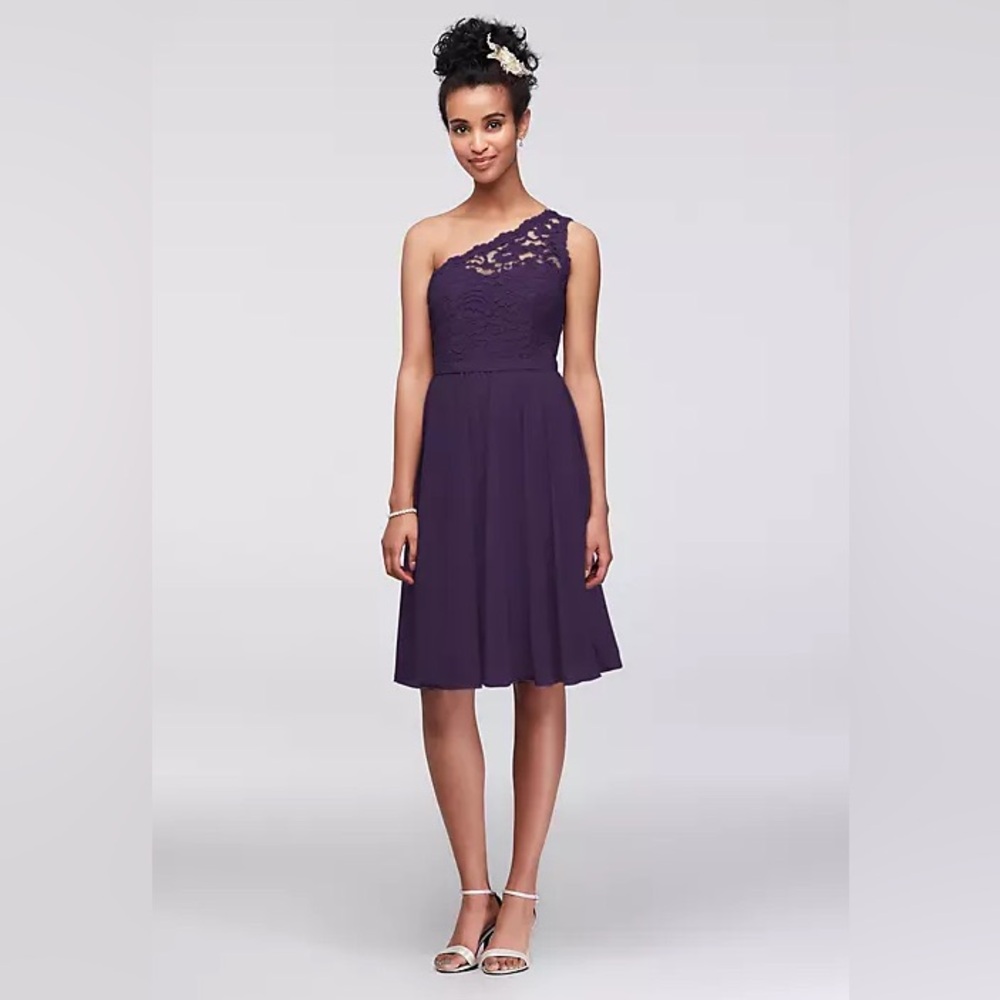 David’s Bridal Purple lace and chiffon one shoulder bridesmaids dress size 2